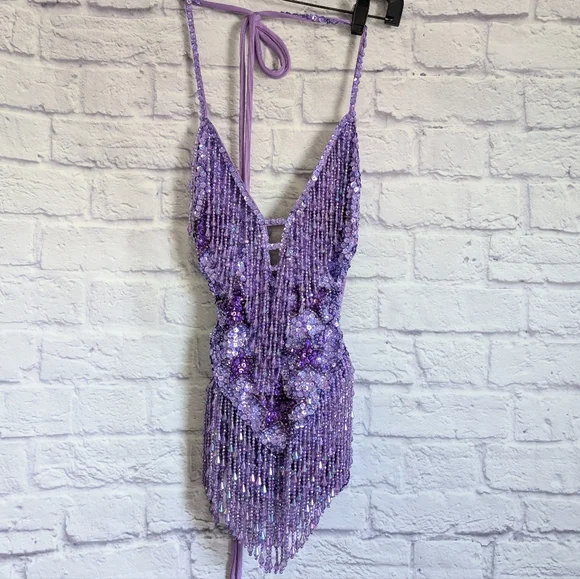 Easy Tiger Stargazer Bodysuit S NEW Lilac Purple Sequin Beaded Festival Concert